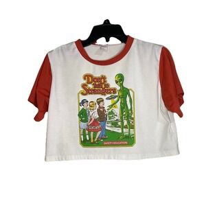 Romwe Don't‎ Talk to Strangers Alien Crop Top White Size L Graphic T-Shirt Red